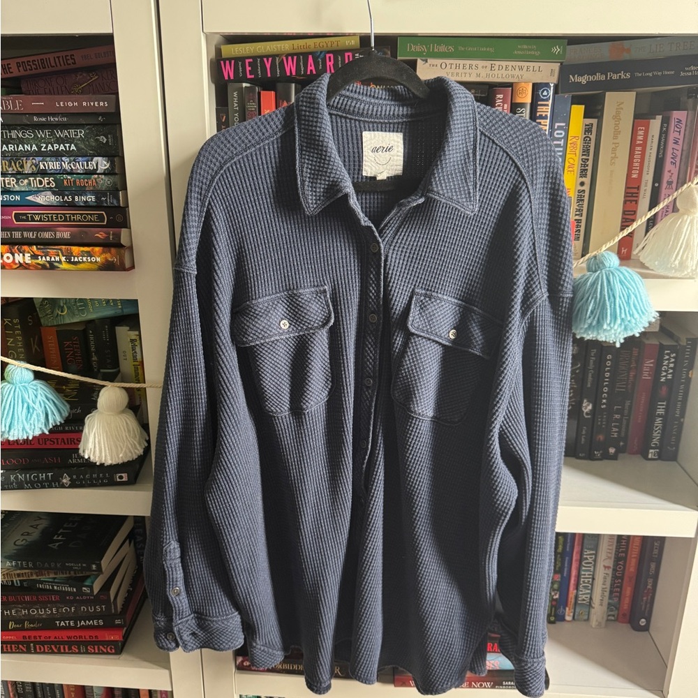 aerie Navy Waffle-Knit Button-Up Shirt Jacket